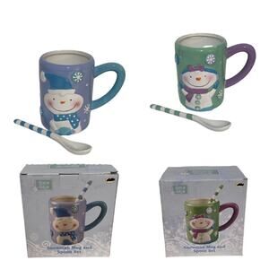 Set 2 New Christmas Winter Snow Girl Snow Boy Mugs with Spoons Boxed